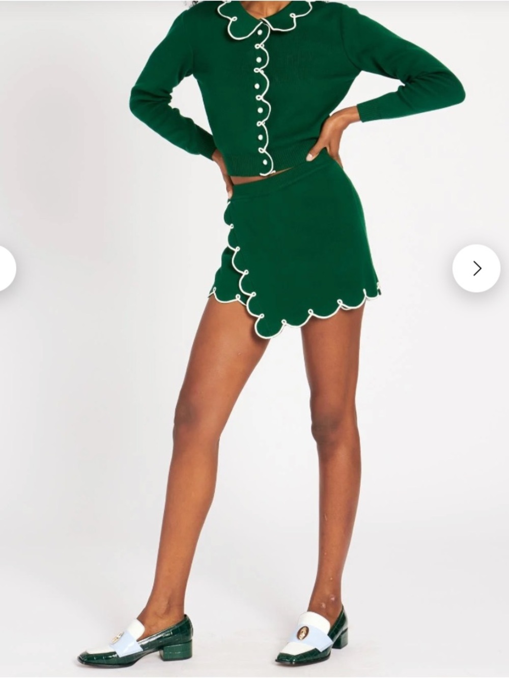 Rachel Antonoff Emerald Green Knit Cardigan and Skort with White Scalloped Trim